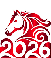 Stylized fiery red image of a horse head and 2026 to represent the year of the horse
