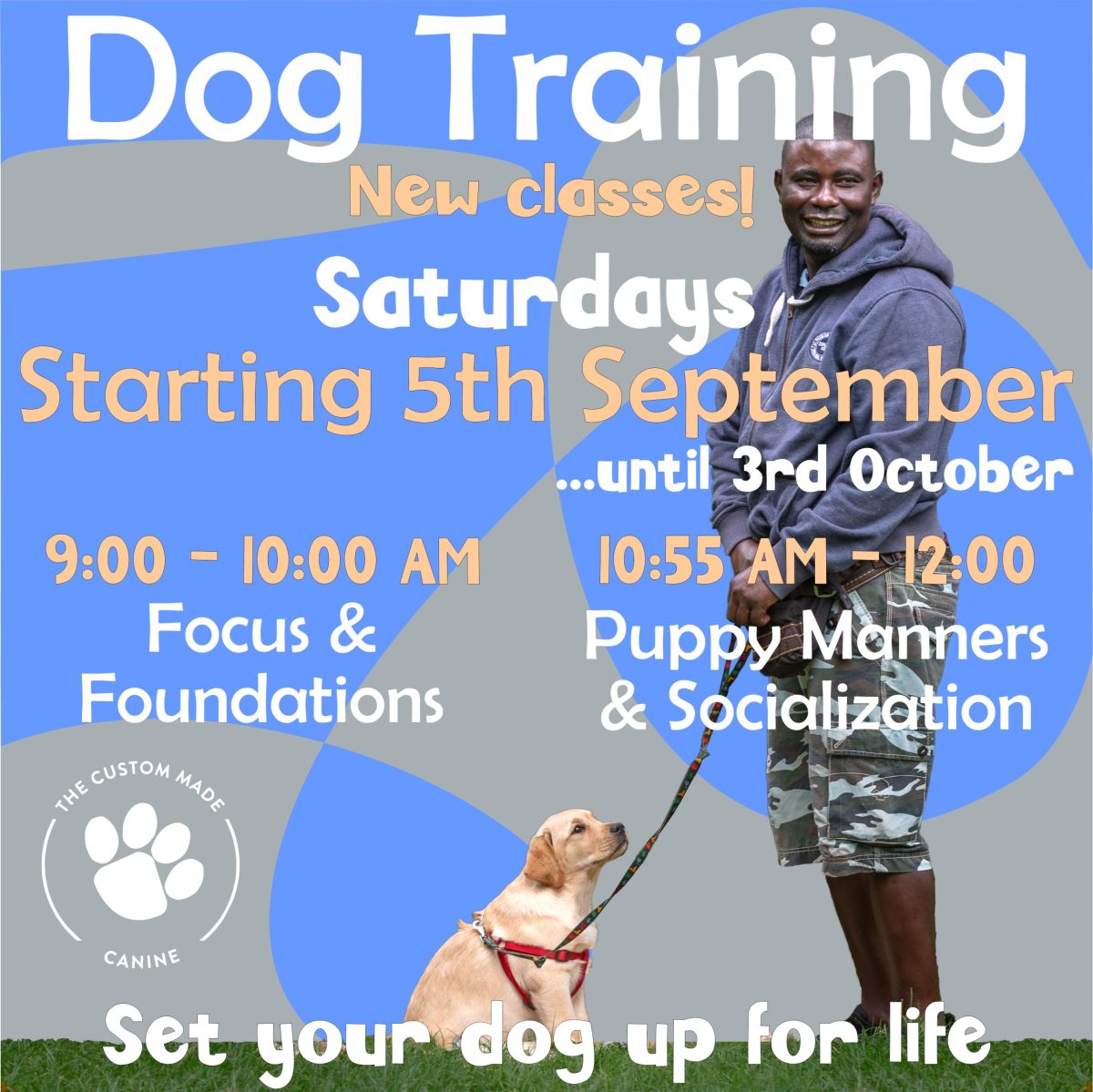 New dog training classes starting saturday 5 September 2026. 9-10 Focus & Foundations and 10:55-12 Puppy Manners & Socialisation.