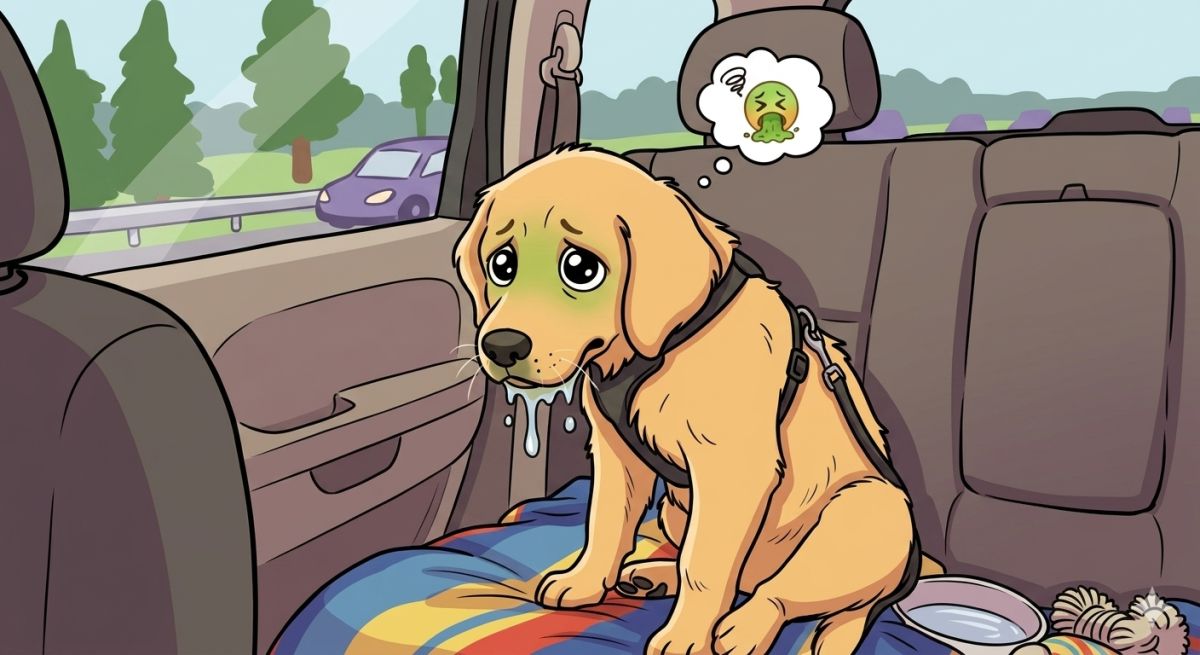AI drawn picture of a carsick puppy
